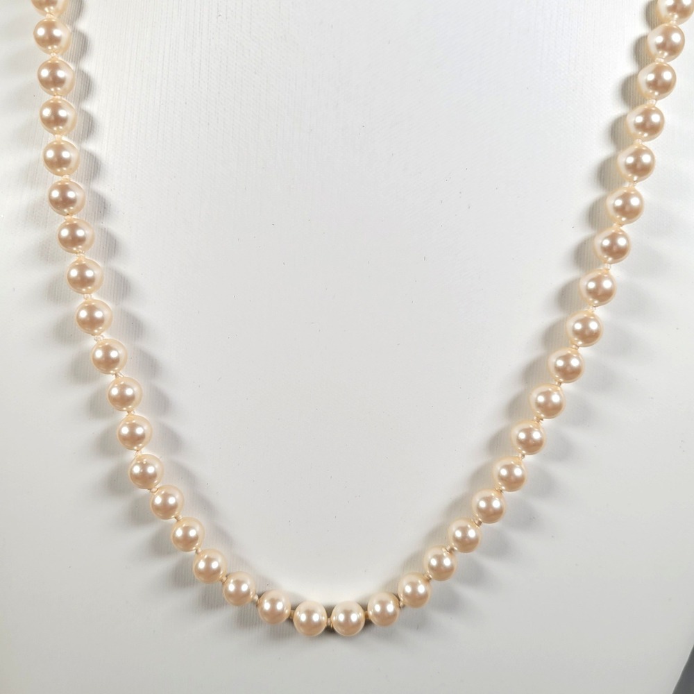 Monet Faux Pearl Necklace Cream Strand Filigree Gold Tone Clasp Opera Length